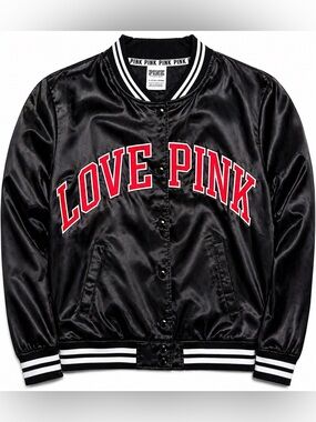 PINK Victoria’s Secret Satin Bomber Jacket Love Pink Logo Black Red Size M